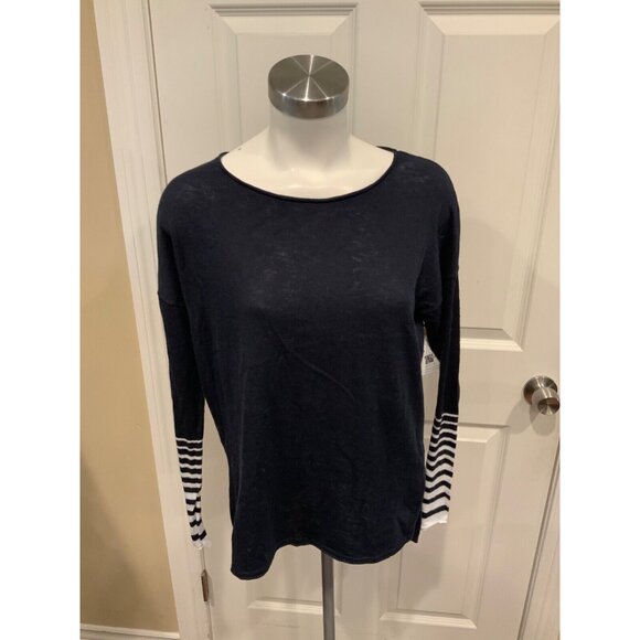 Vince Thin Knit Blue Striped Roll Neck Sweater, Size M - Picture 1 of 5